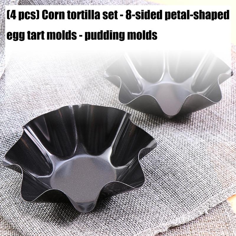 Set of 4 Multifunctional Fluted Flower Shape Cake Pan Carbon Steel Reusable Tortillas Shell Molds for Home Baking