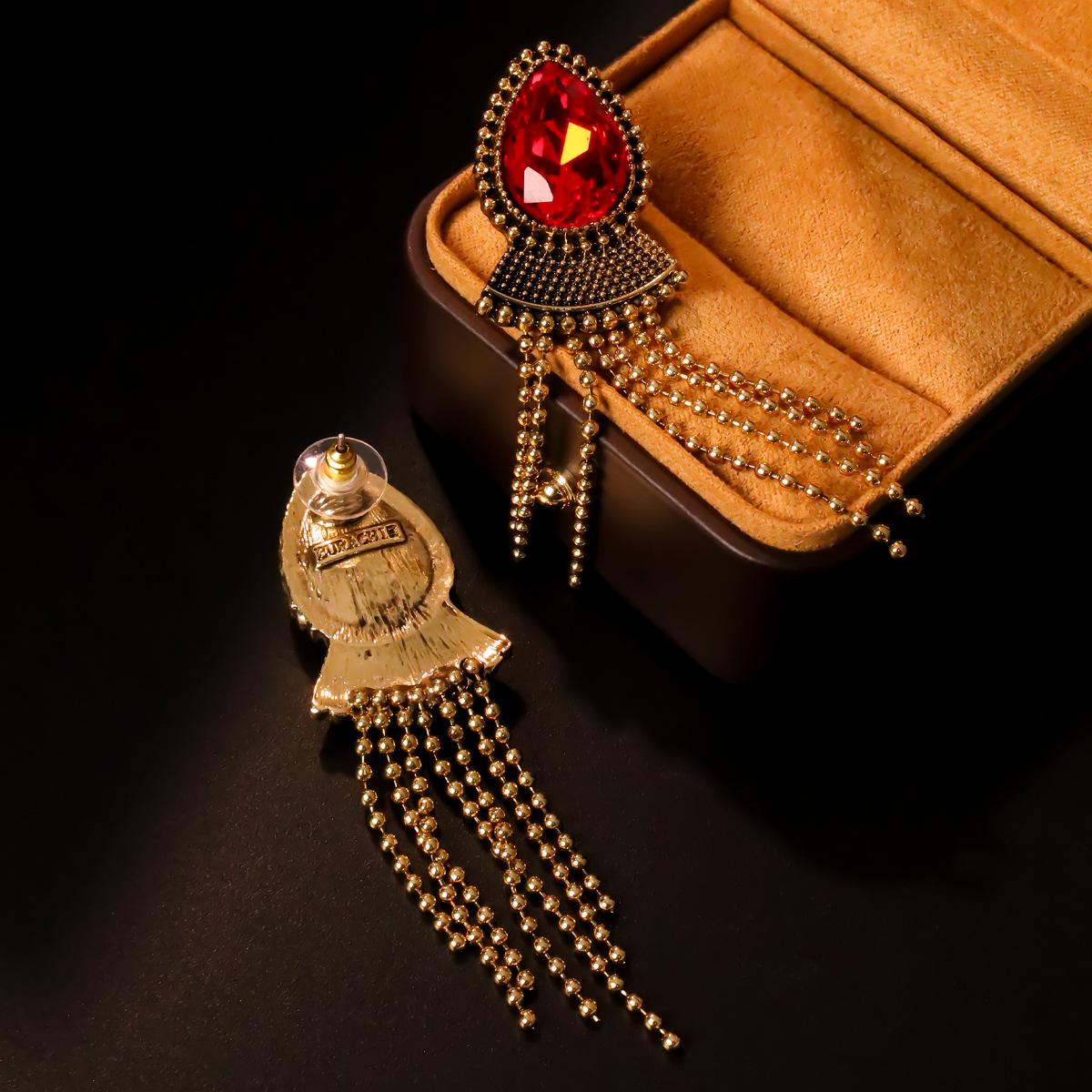 Vintage French Off-Shoulder Style Red Rhinestone Tassel Stud Earrings with 925 Silver Needle