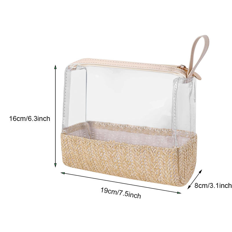 Transparent PVC Makeup Bag with Zipper Closure and Straw Detailing Stylish Clutch Pouch for Women and Girls Ideal Birthday