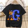 Paw Patrol Chase T-shirt for Children Cartoon Letter A-Z Tee Top Kawaii Round Collar Clothes Fashion Kids Black Clothing Gift