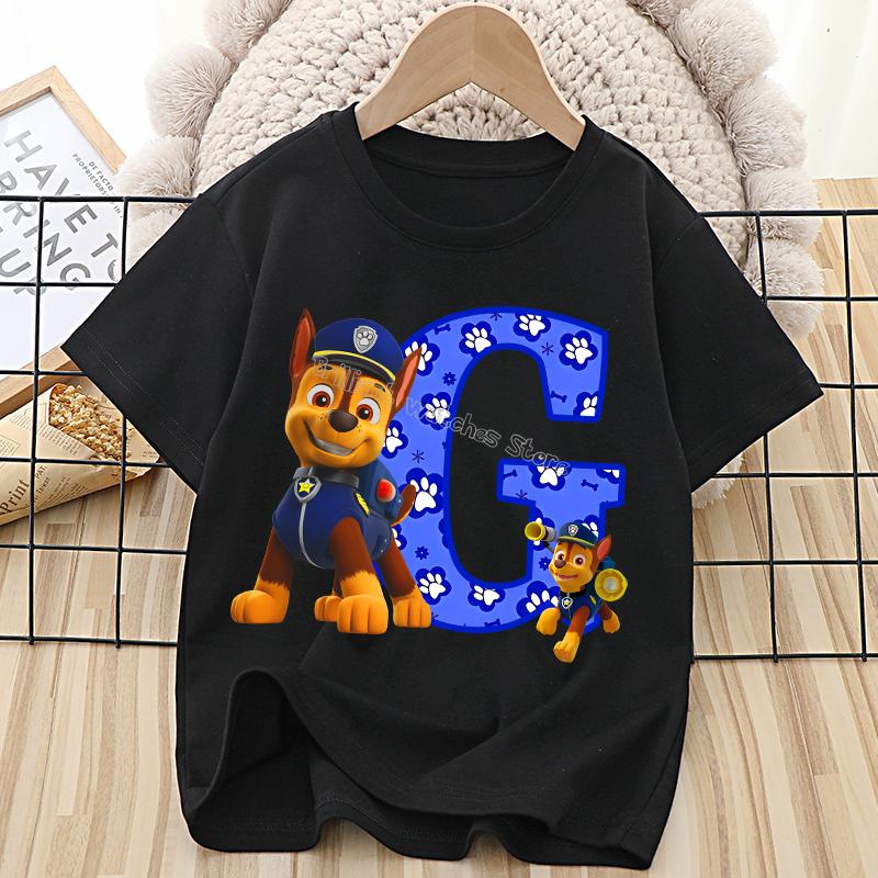 Paw Patrol Chase T-shirt for Children Cartoon Letter A-Z Tee Top Kawaii Round Collar Clothes Fashion Kids Black Clothing Gift