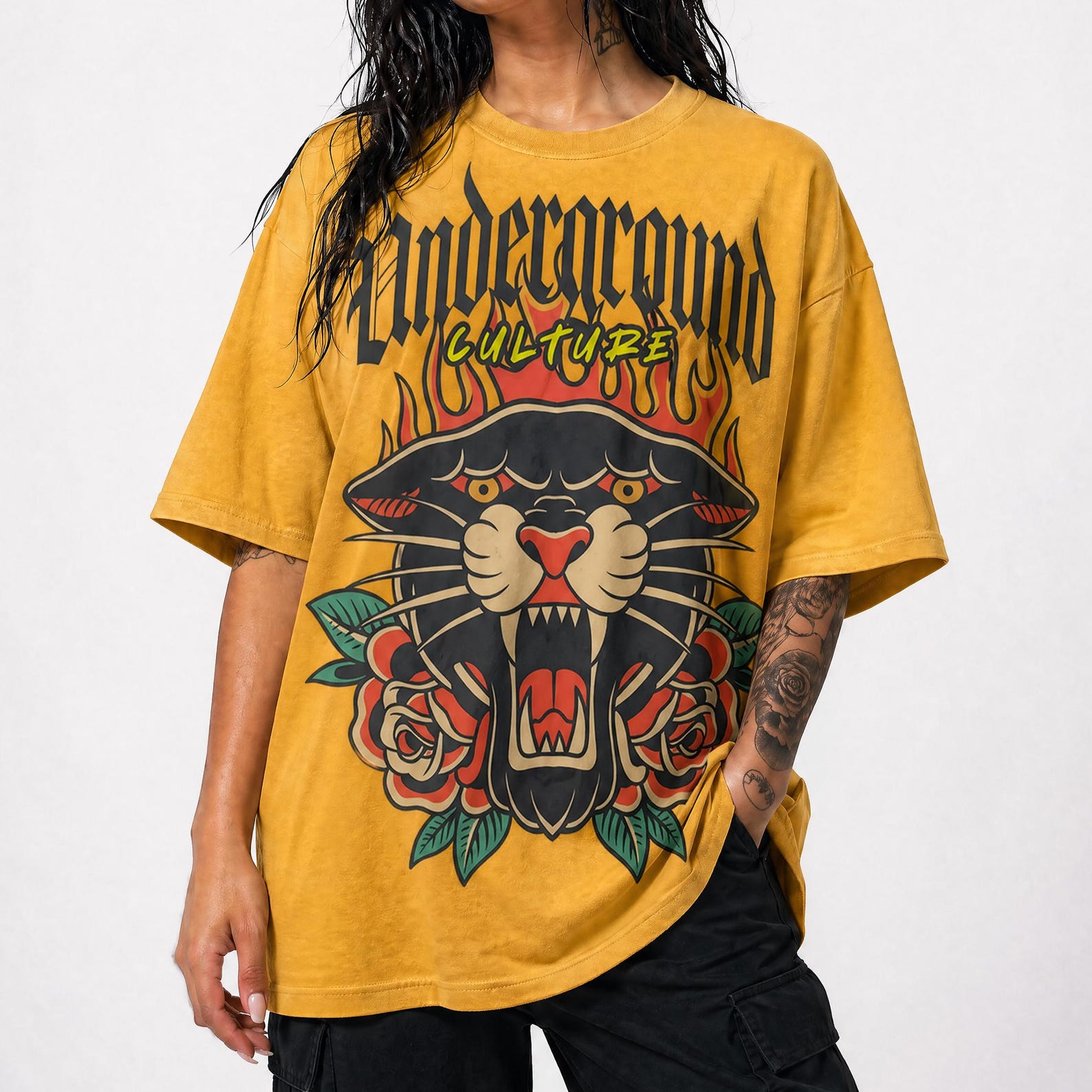 Underground Culture Panther Roses Tattoo T-shirt, Vintage 90s Streetwear Tee, Colorful Tattoo Tee, Street Fashion 3XL