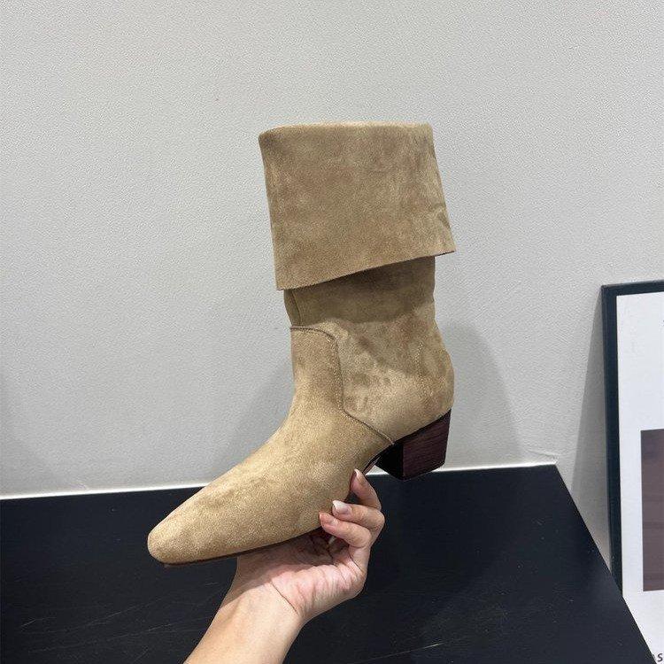 Frosted Leather Pointed Metal Buckle Niche Hottie Western Cowboy Boots Lapel Two Wear Martin Motorcycle Boots Women's Shoes