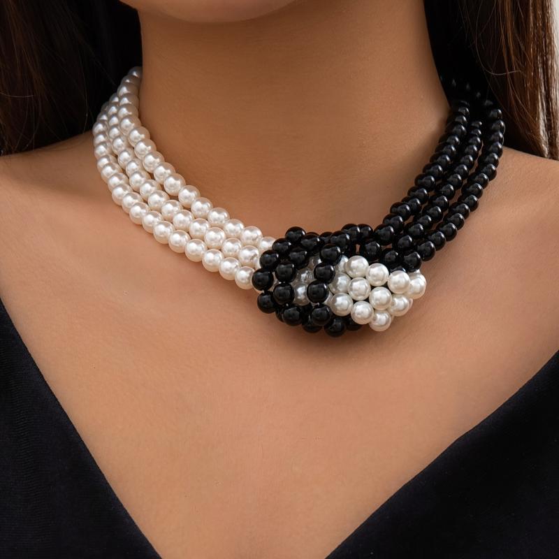 Black White Imitation Pearl Patchwork Chain Necklace For Women Vintage Multilayer Bead French Choker Jewelry