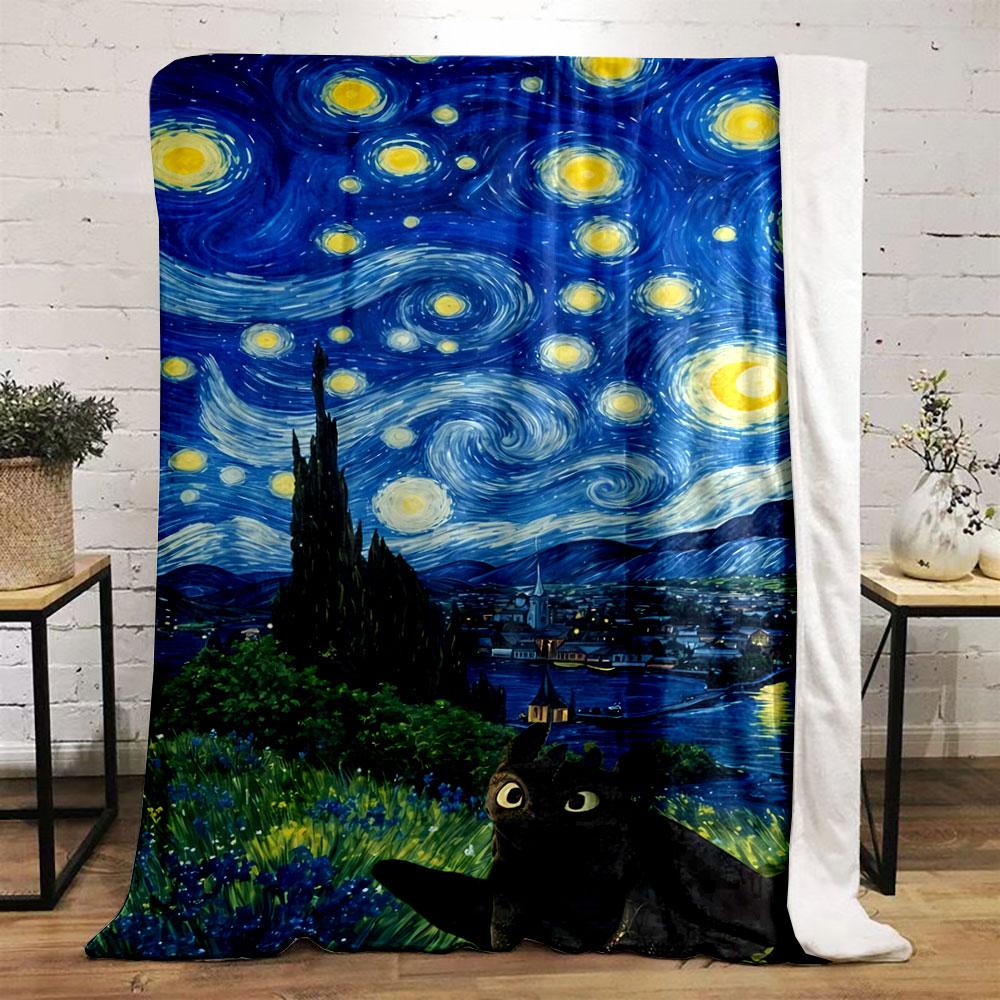 Swirling Starry Sky with Vibrant Yellow Stars Over a Peaceful Town. for All Seasons Blanket Lunch Break Throw Gift