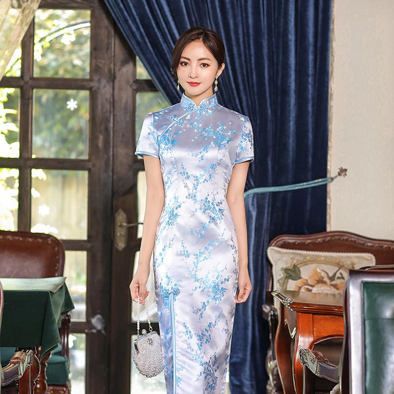 Slim Chinese Traditional Cheongsam Short Sleeve Front Split Vintage Dress Women Long Dress Plum Qipao
