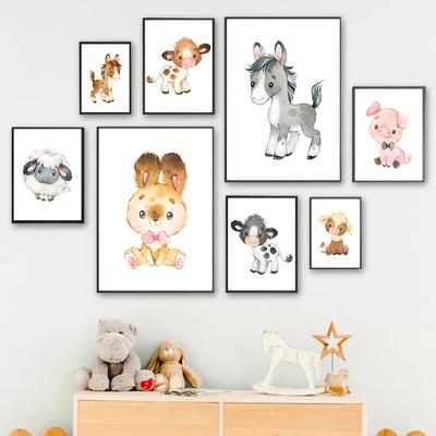 Watercolor Cute Farm Animals Horse Cow Rabbit Sheep Duck Wall Art Canvas Painting Poster Print Wall Picture Kids Baby Room Decor