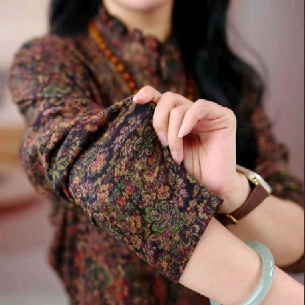 Plus Size Floral Print Long Sleeve Top for Middle-Aged & Elderly Women