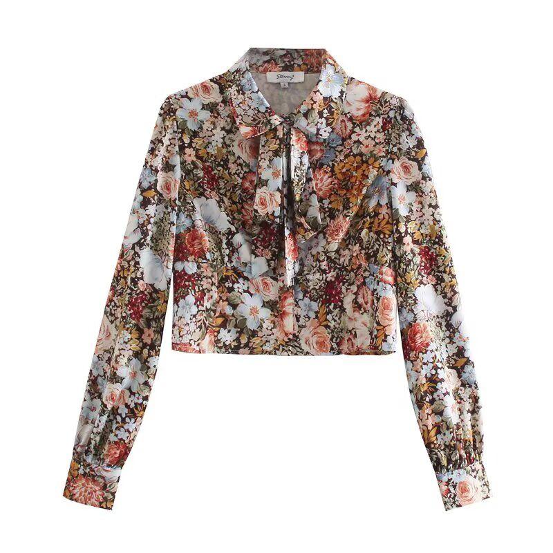 

Zbzr Autumn New Women clothes Western Style Fashion Temperament Print Bow Tie Pearl Buckle Shorts Shirts Top Printed L