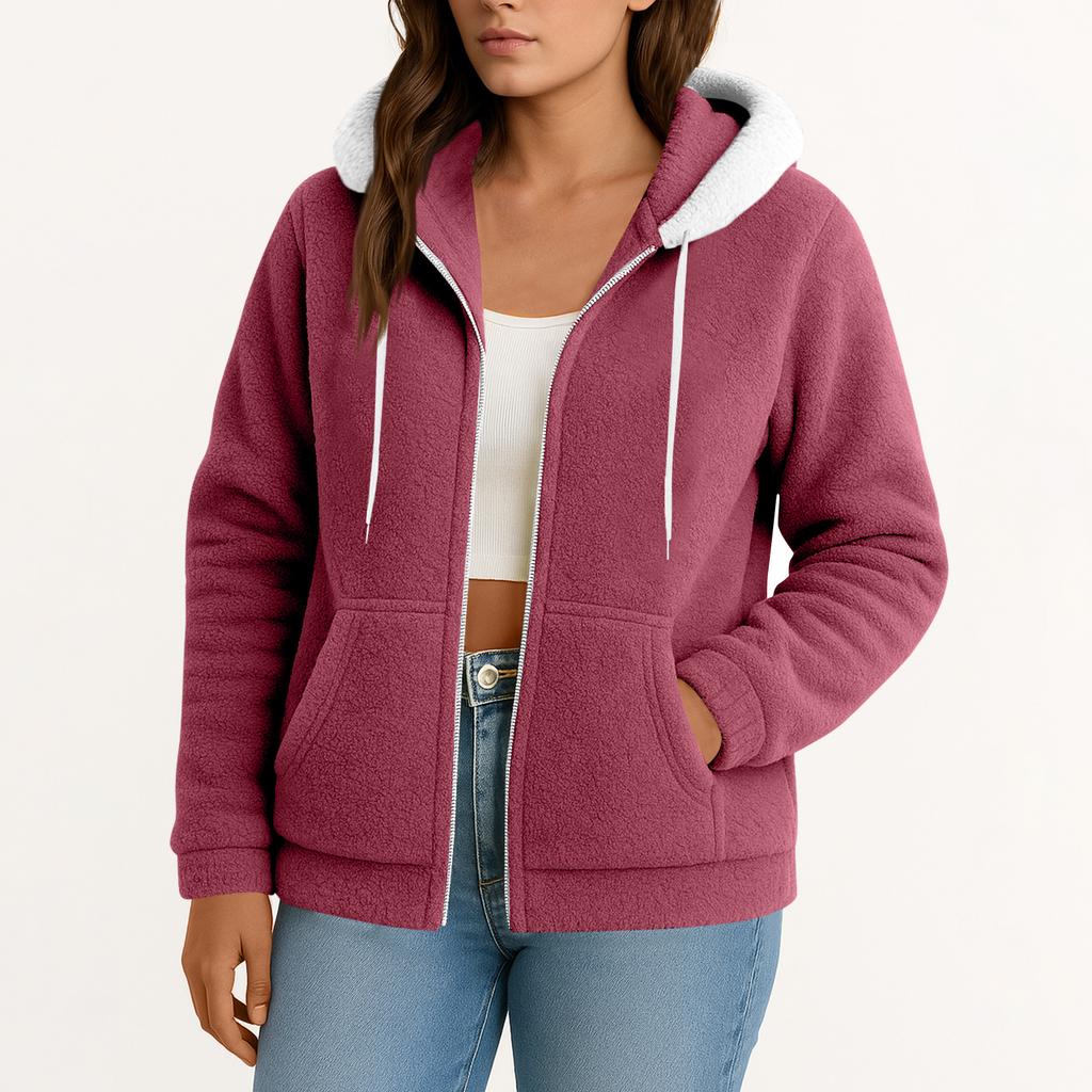 Women's  Fuzzy Fleece Jacket Hooded Color Block Patchwork Lady Cardigan Coat Outerwear With Pockets And Cat Ears