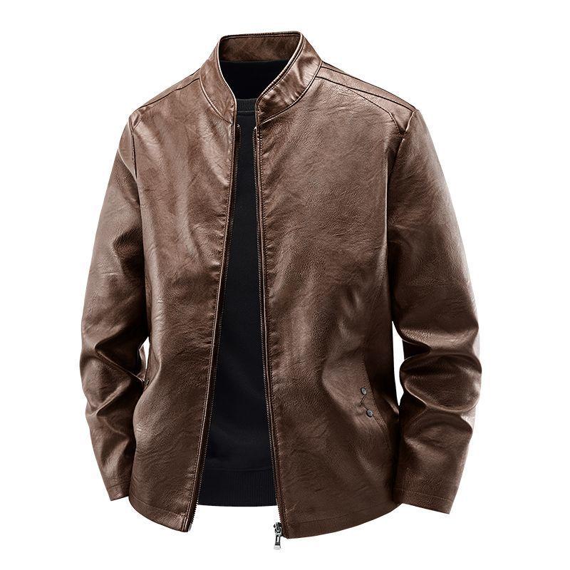 Men's Slim Fit Stand Collar Motorcycle Leather Jacket for Spring and Autumn