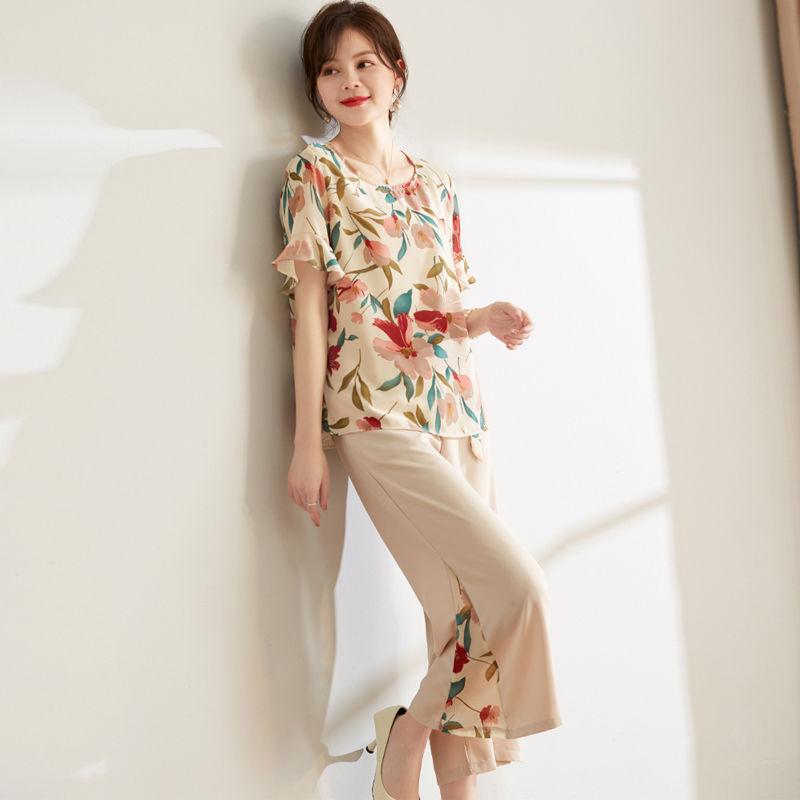 2 Pieces Women Sets Summer Style Top Short Sleeve Floral Shirt Seven Points Wide Leg Pants Women's Set Clothing