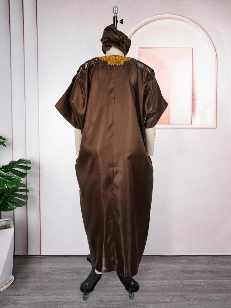 Plus Size Women's Fashion Satin Square Neck Embroidered Loose Long Robe Dress