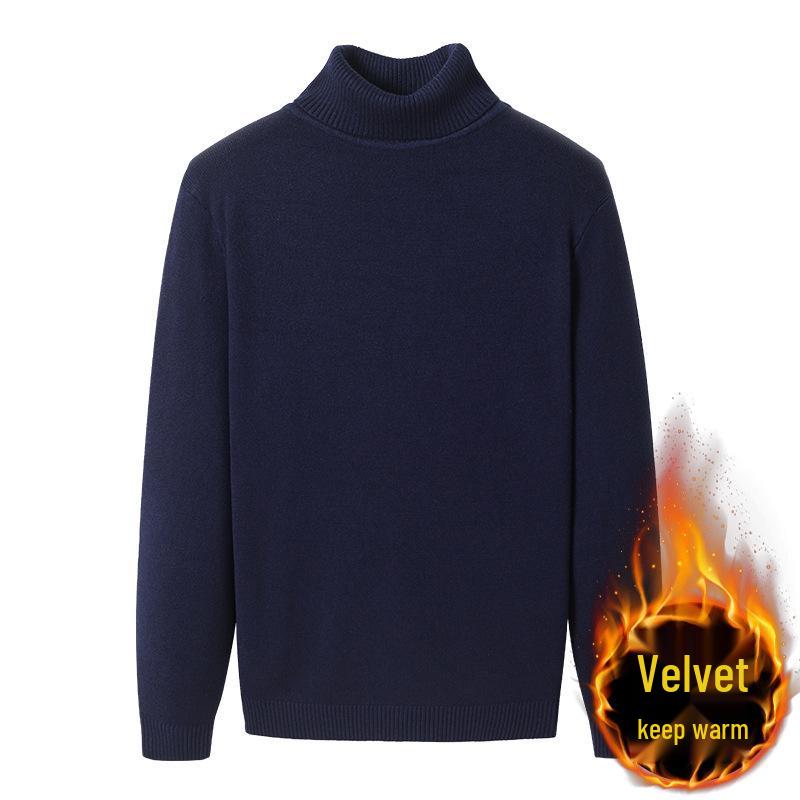 Men's Ribbed Wool High-Neck Sweater with Fleece, Warm Knitted Long Collar for Autumn and Winter