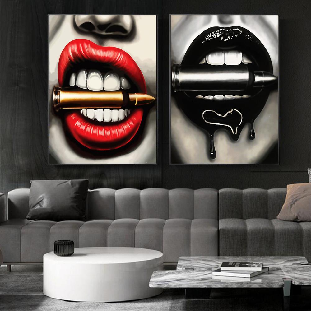 Mulher Sexy Batons Lábios Vermelhos Estampas de Dólares Pôster Pintura em Tela Arte de Parede Moderna Imagens Para Sala de Estar Quarto Decoração de Casa