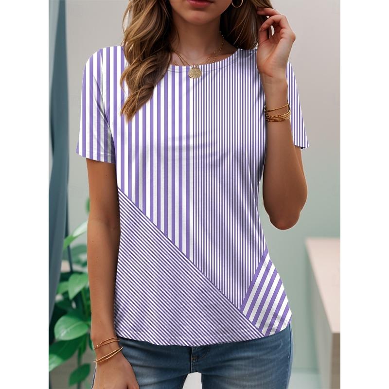 Women's Casual T-shirt 3D Printed Striped Print Round Neck Retro Elegant Long Sleeves Women's Fashion Pullover Long Sleeve Tops