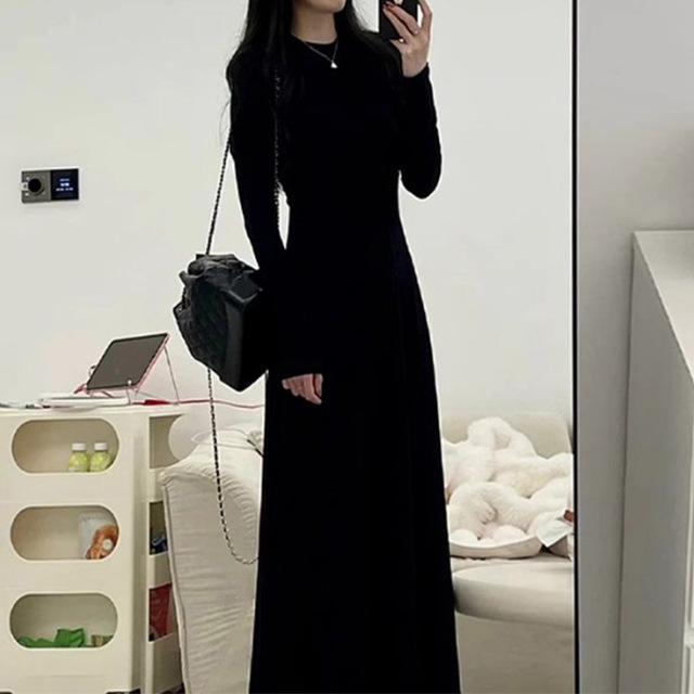 

Hepburn Style Waist-Cinching Black Midi Dress for Women - 2026 Autumn/Winter Collection Large чёрный