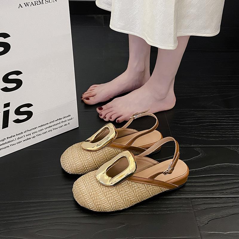 

Нишевый дизайн личности чувство соломенная плетеная праздничная ветряная сумка голова обувь женские задние тройные ремни полые наклонный каблук сандалии на полудраге 37 коричневый