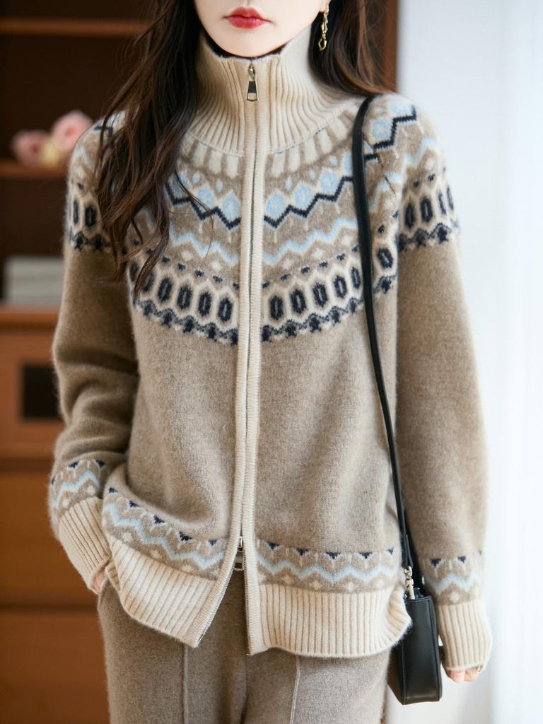 Retro Double Zipper Thick Floral Blouse for Winter, A Warm Sweater Coat for Women
