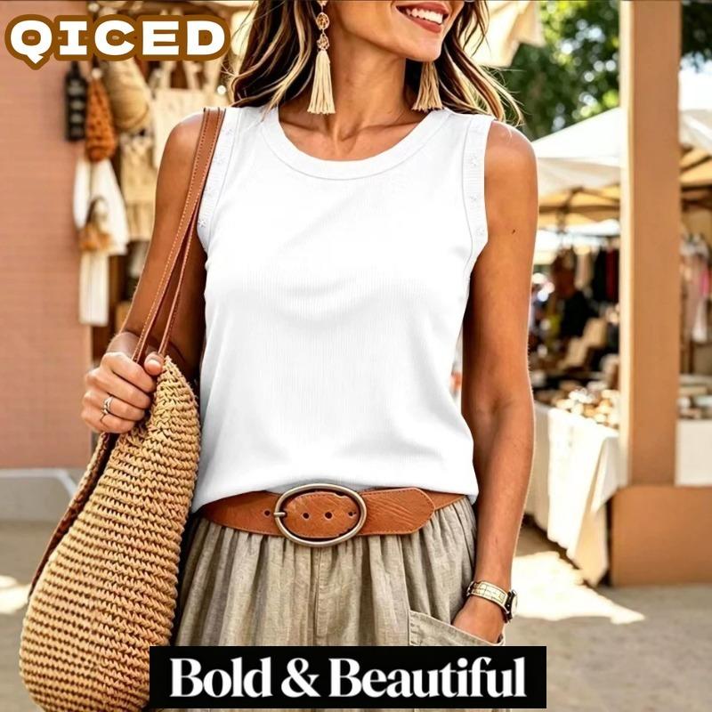 QICED Women's Fashion Casual Solid Color Print O-Neck Sleeveless Blouses & Shirts