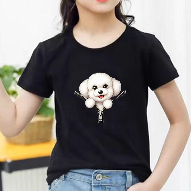 Kids Cotton T Shirt Cute Bichon Frise Puppy Dog Zipper Print Crew Neck Short Sleeve Tee Casual Boys Girls Summer Tops
