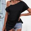 Tops Chain Shoulder Strap Short Sleeve Irregular Hem Shirring Tee Top Women T-shirt Skew Collar One Loose Pullover