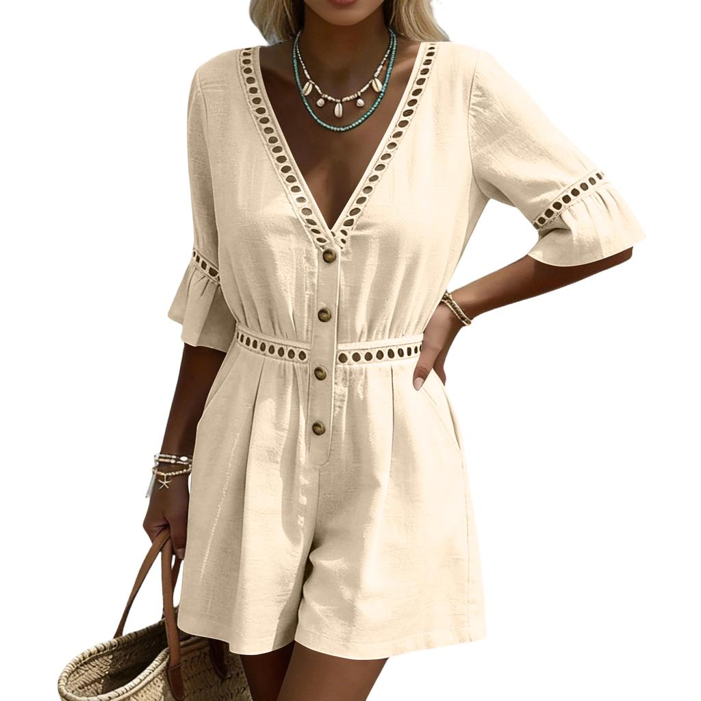 Macacões Curtos Para Mulheres Decote em V Profundo Sem Mangas Macacão de Peça Única Caimento Solto Macacão de Trabalho Vestido Casual Elegante Macacões de Verão