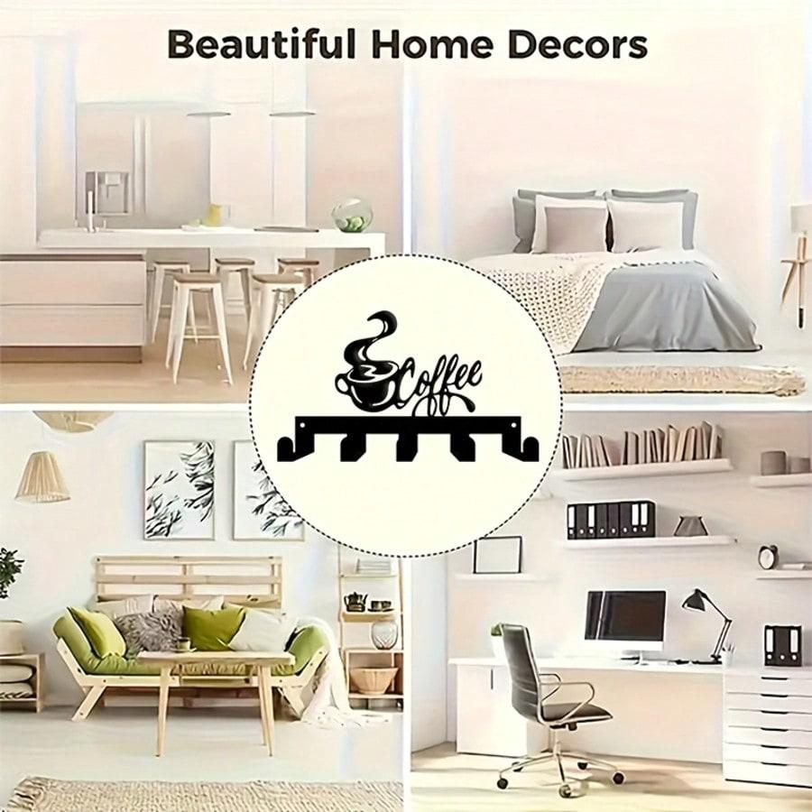 Vintage Coffee Key Holder Metal Wall Art 5 Hooks Rustic Home Office Decor