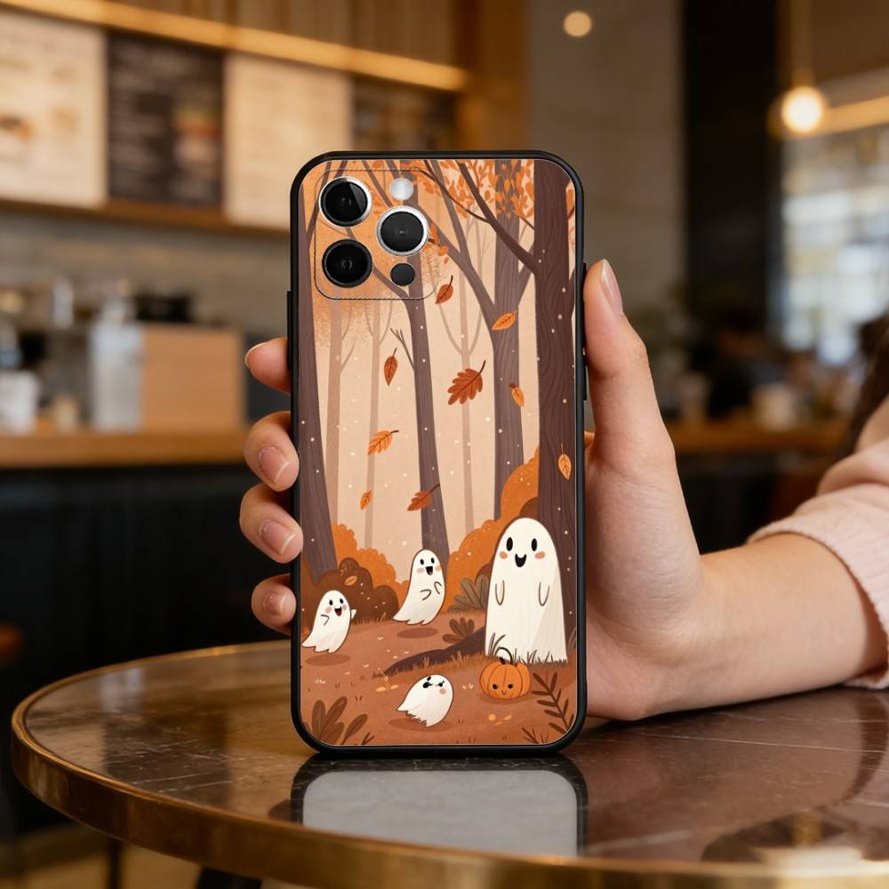 C-Cute Ghost Halloween Phone Case For iPhone 17,16,15,14,13,12,11 Plus,Pro Max,Soft Silicone Black Cover