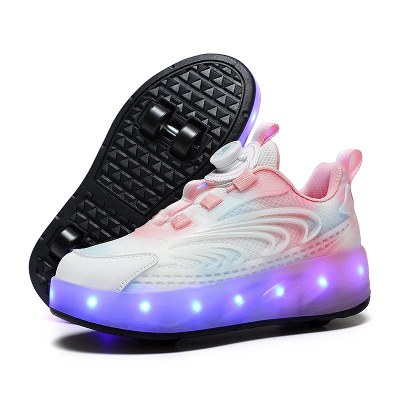Overseas runaway shoes, children's wheel shoes LED ultra-light luminous charging boys and girls light shoes sports flying woven shoes
