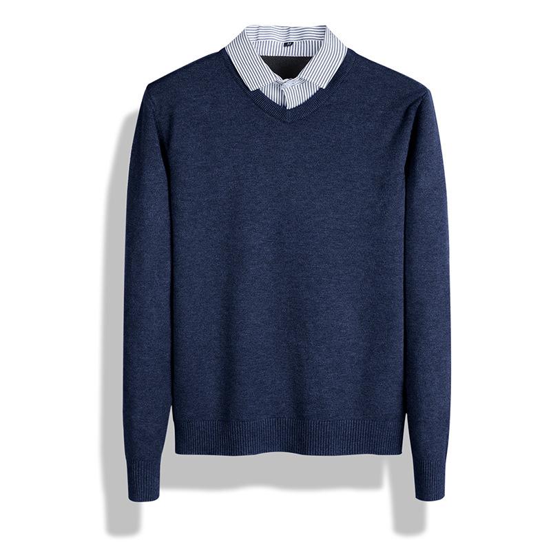 2026 Men's V-Neck Faux Two-Piece Knit Sweater - High-End Business Casual Inner Wear for Spring and Autumn