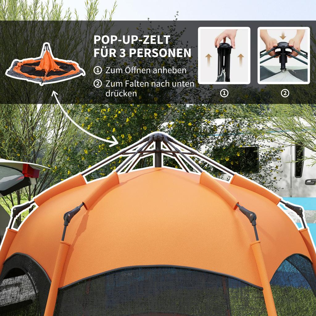 Six Man Hexagon Camping Tent with Hang Hook and Carry Bag - Orange and Blue