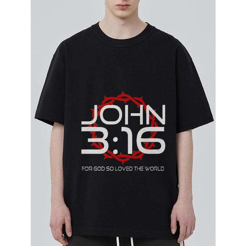Men's Black T-Shirt with John 316 Bible Verse and Crown of Thorns Design for Religious Faith and Casual Wear