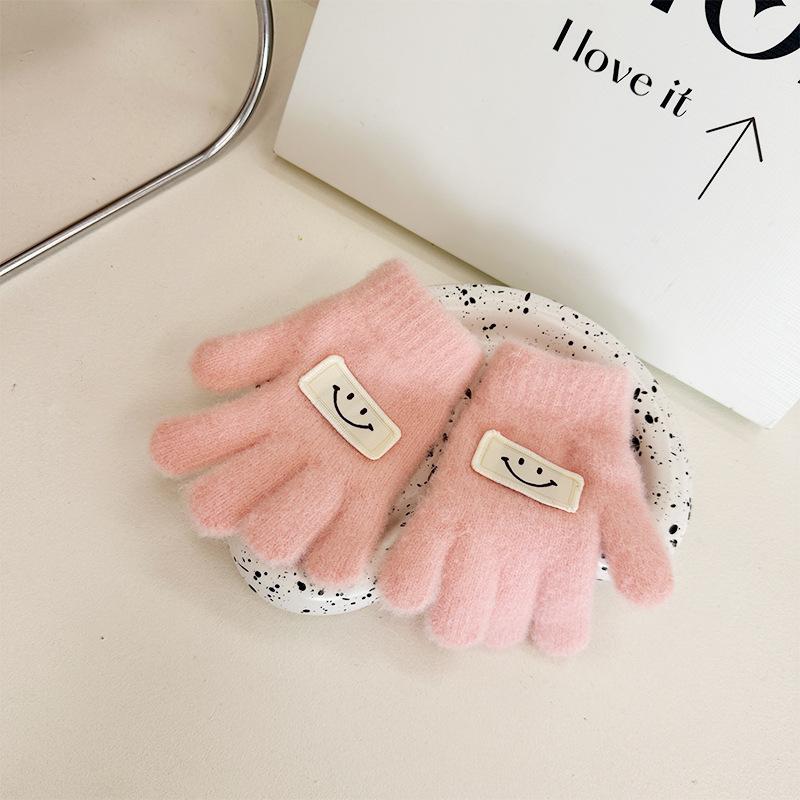

Korean Style Children s Knitted Five Finger Gloves with Cute Cloth Label and Smiley Face Knitted Woolen Fingered Gloves Warm Mittens one size