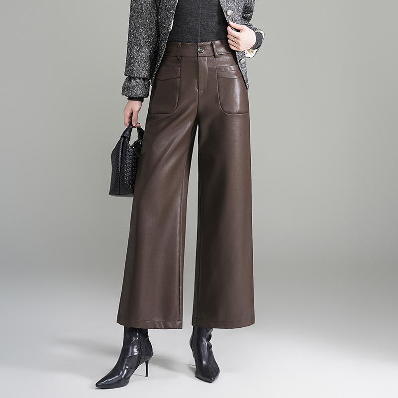 

2025 Autumn/Winter Women s Black High-Waist Straight-Leg Leather Pants - Versatile, Loose, Wide-Leg, Casual Long Pants XXL коричневий