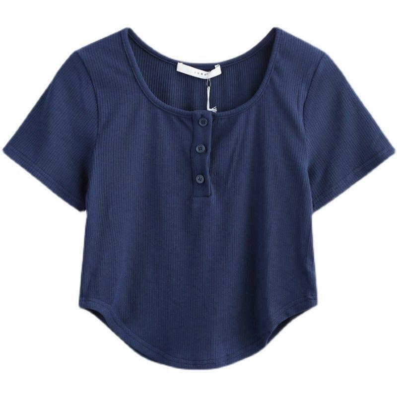 Super design Tlačítko Tričko s krátkým rukávem Šití Slim Fit Niche Asymetrické krátké