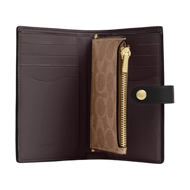 Coach Signature 12 2-in-1 Design Gold Logo Coated Canvas and Leather Wallet Unisex Couple Size Walnut Walnut Color