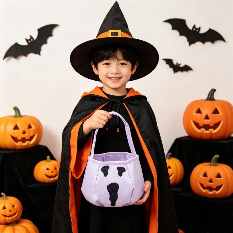Classroom Halloween Bag White Fabric Candy Gift Bag with Carry Handle 22 x 13 cm for Holiday Treat Use at School