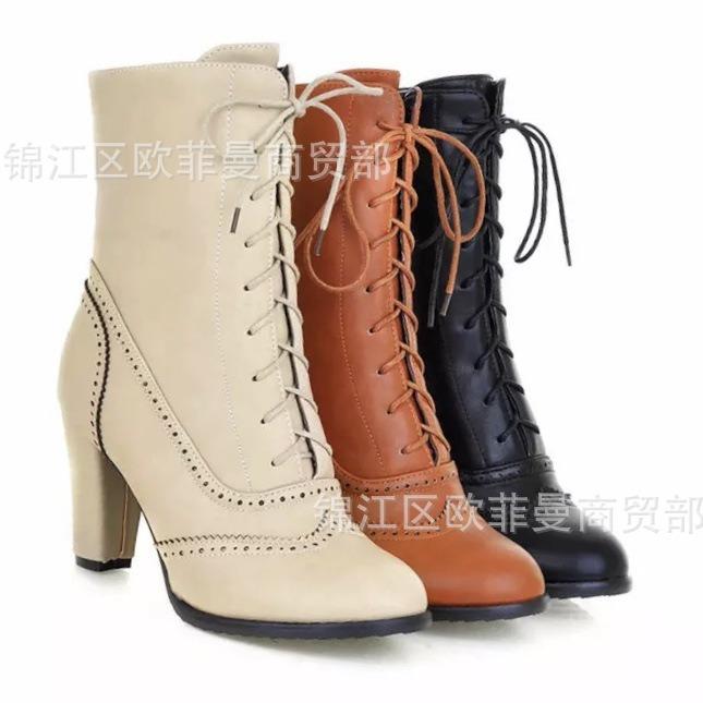 Mode damer mittkalvstövlar Dameskor Snörning Damer Gummi Stor Storlek Mittkalv Spetsig Högklackad Snörning Spetsig Tå Sömnad Enfärgad