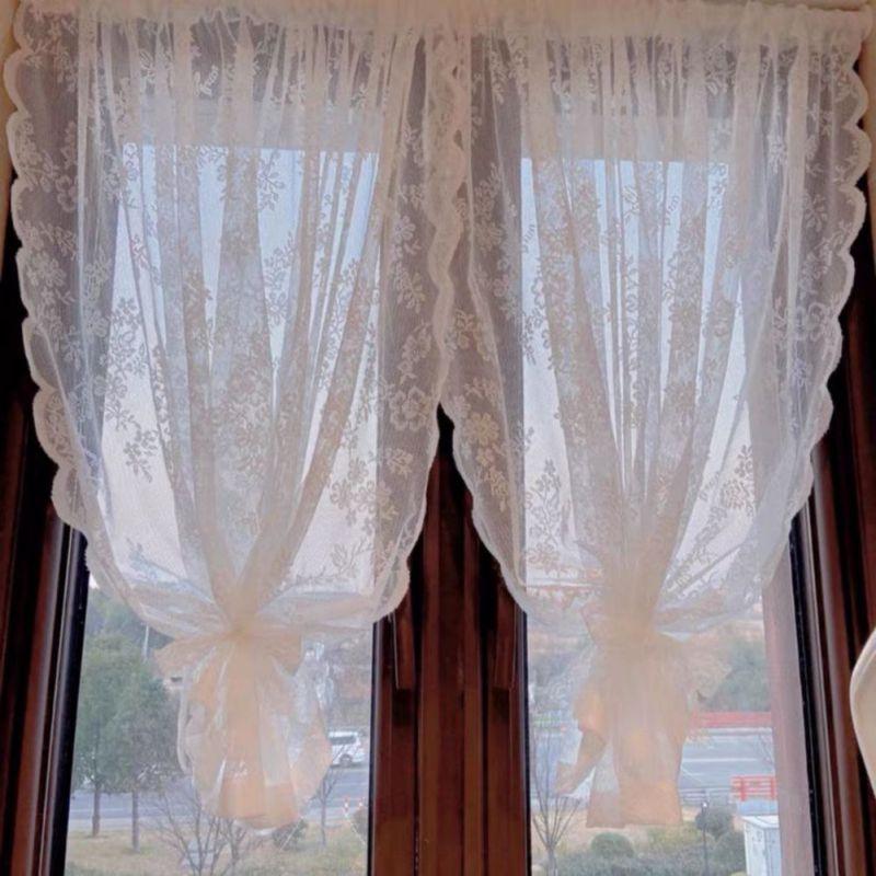 2pcs White Lace Mesh Curtain Embroidered Translucent Gauze Curtain Rod-pocket/Velcro