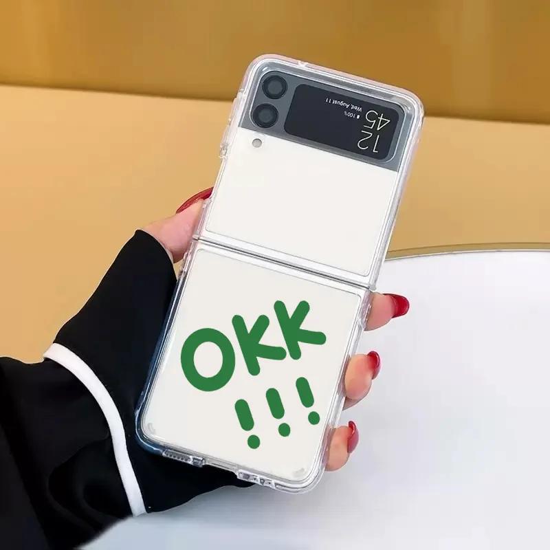 Plain OKK Words Letters Pattern Transparent Case for Samsung Galaxy Z Flip 5 6 4 3 5G Clear Cover Flip5 Flip6 4 INS Fundas Shell