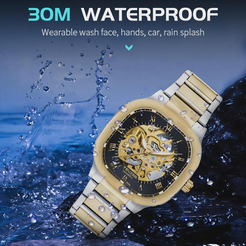 TEVISE Luminous Square Hollow Dial Men's Stainless Steel Waterproof Automatic Mechanical Watch Fashion Business Skeleton Watches