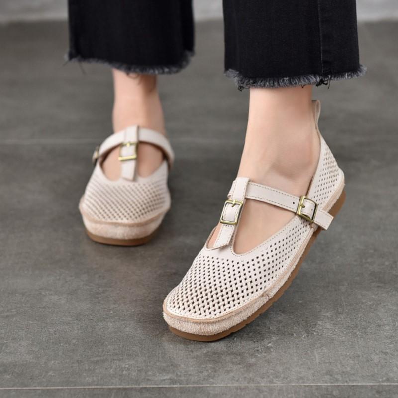 Johnature Retro Genuine Leather Soft Soled Hollow-out Sandals Round Toe Belt Buckle Flat Women's Shoes