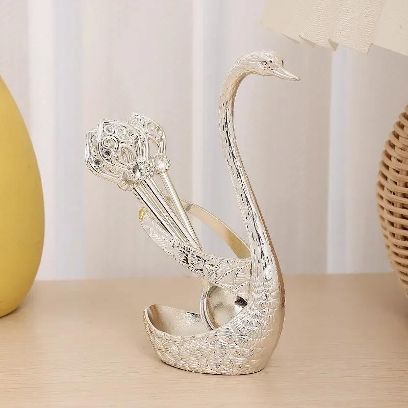 6Pcs Coffee Spoon Set Ice Cream Cake Scoop Afternoon Tea Dessert Spoons Swan Shape Storage Rack Kitchen Cutlery Creative Gifts
