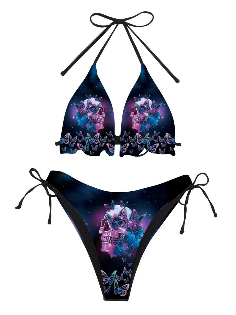 Rosegal Gotický Lebka Motýl Ombre Galaxy Potisk Zavazovací Halter Bikiny Set
