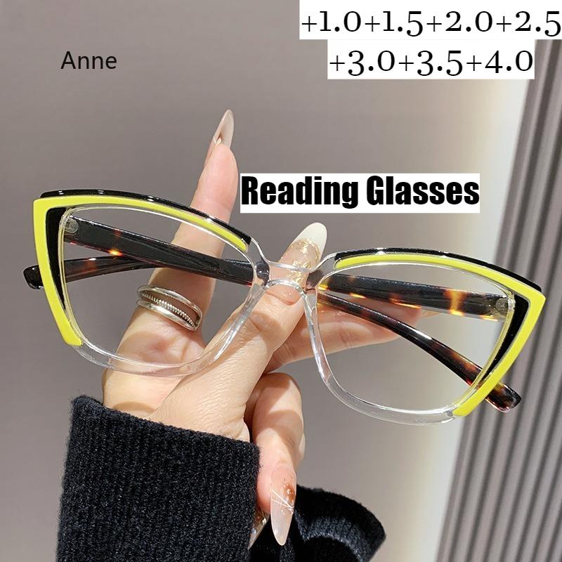 Retro Color Blocked Cat Eye Large Frame Presbyopia Glasses with Anti Blue Light Transparent Lenses Stylish Women Eyewear