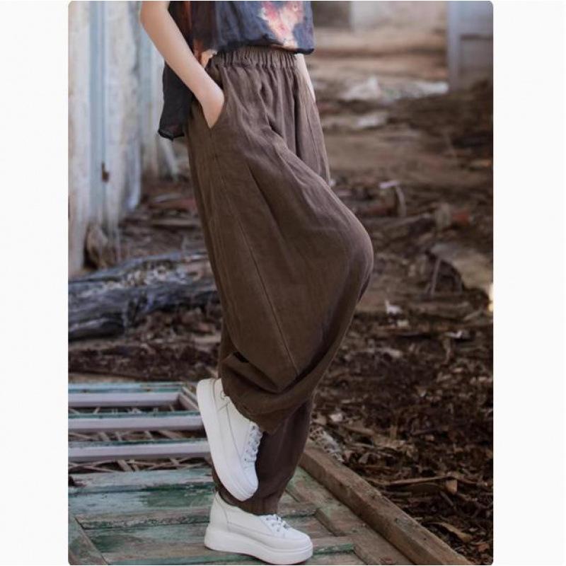 Women Vintage Cotton Linen Bloomers Pants Elastic Waist Solid Color Loose Casual Spring Long Pants
