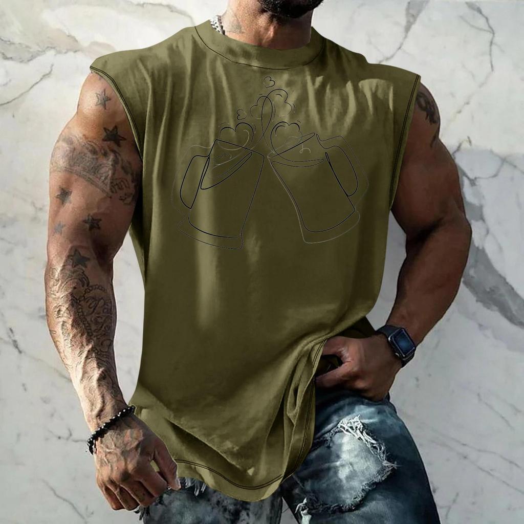 Men's Casual Loose Fit Sleeveless Tank Top with Beer Festival Style Graphic Print Streetwear Athletic Summer Muscle Shirt