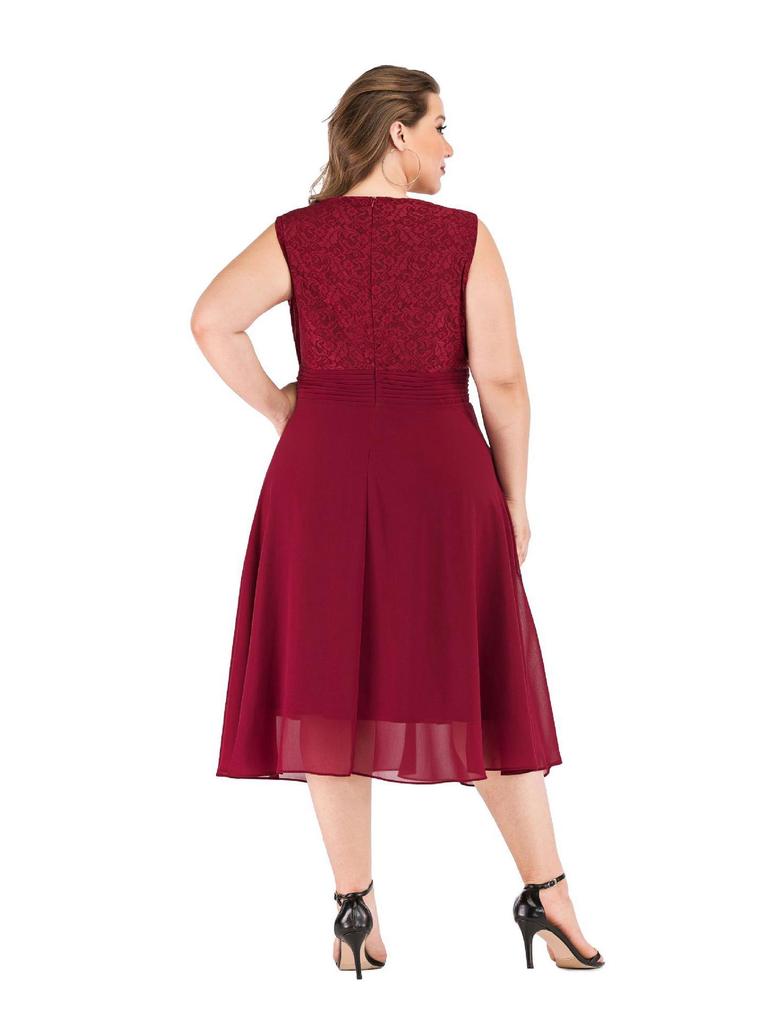 Lace Patchwork Chiffon Slimming Plus Size Little Black Dress for Mature Women