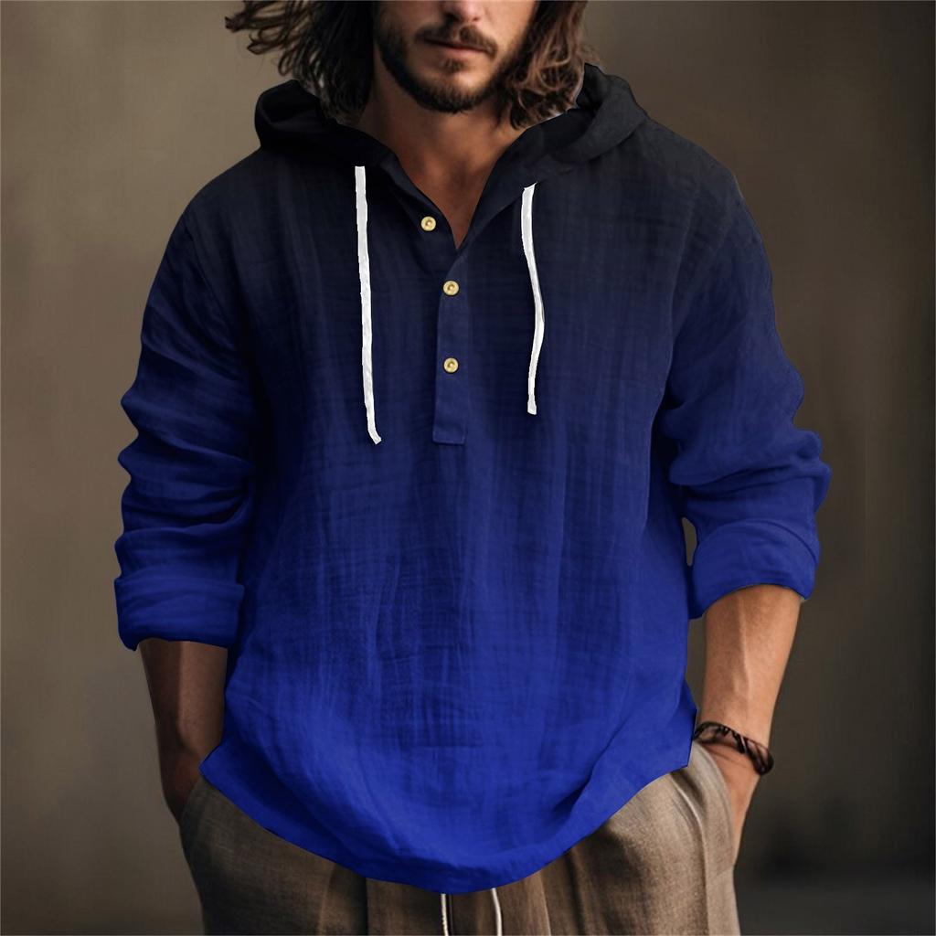 Camicia da Uomo Stampata in Cotone e Lino con Cappuccio a Maniche Lunghe con Cappuccio Primavera ed Estate Casual da Indossare Tutti i Giorni